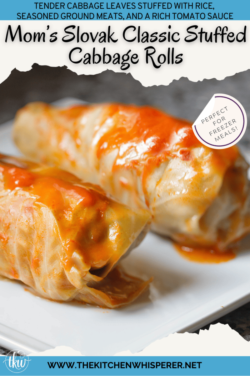 No summer cookout is complete without a tray of stuffed cabbages! Tender cabbage leaves stuffed with rice, seasoned ground meats and a rich tomato sauce make this the perfect summer comfort food. Plus these freeze beautifully! homemade stuffed cabbage, best cabbage rolls, beef and cabbage rolls, halupki, pigs in a blanket, stuffed cabbage, cabbage rolls, pigs in a blanket, graduation party food, polish cabbage rolls, slovak stuffed cabbage, freezer meals #stuffedcabbage #pigsinablanket